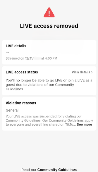 Example of TikTok LIVE access removal